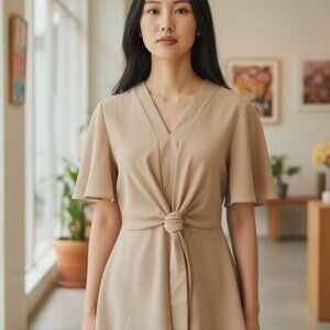 Grace Karin Peplum Top Beige Tie-Front Blouse Short Sleeve